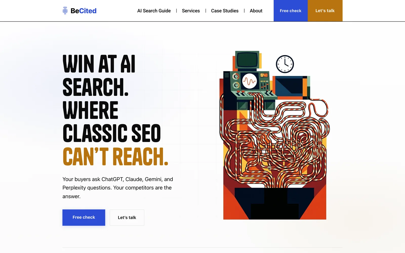 BeCited homepage: "Win at AI search. Where classic SEO can't reach."