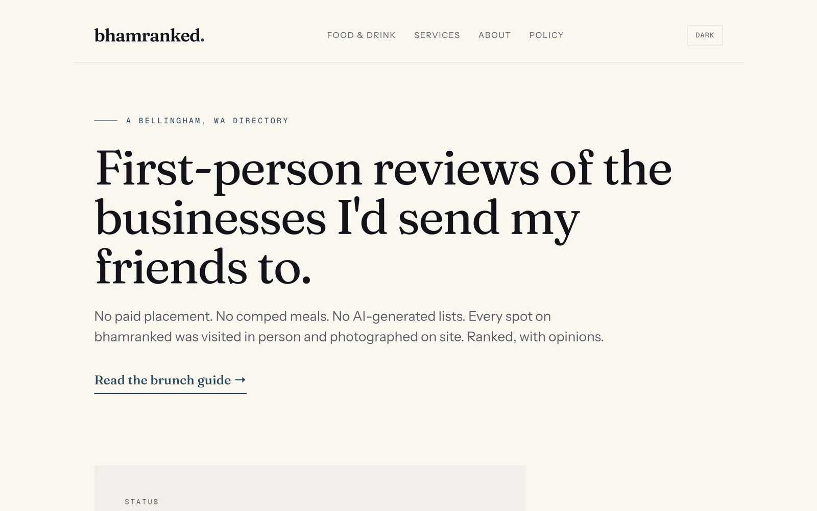 bhamranked homepage: "First-person reviews of the businesses I'd send my friends to."