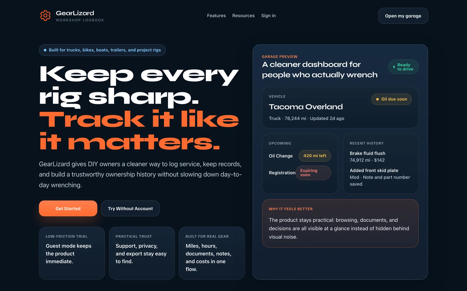 GearLizard landing page: "Keep every rig sharp. Track it like it matters." with a garage dashboard preview