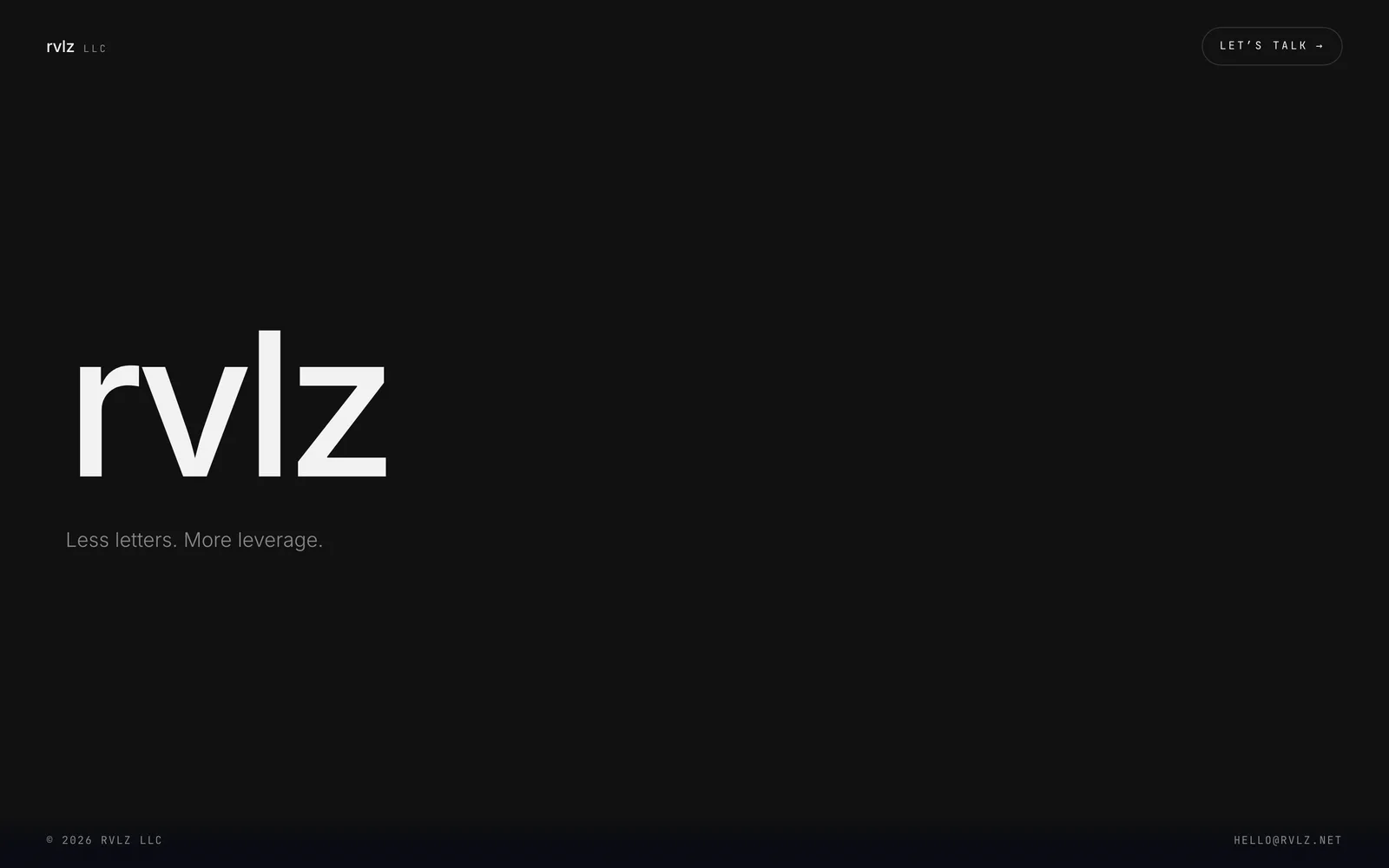 rvlz.net homepage: the wordmark over a dark field with the line "Less letters. More leverage."